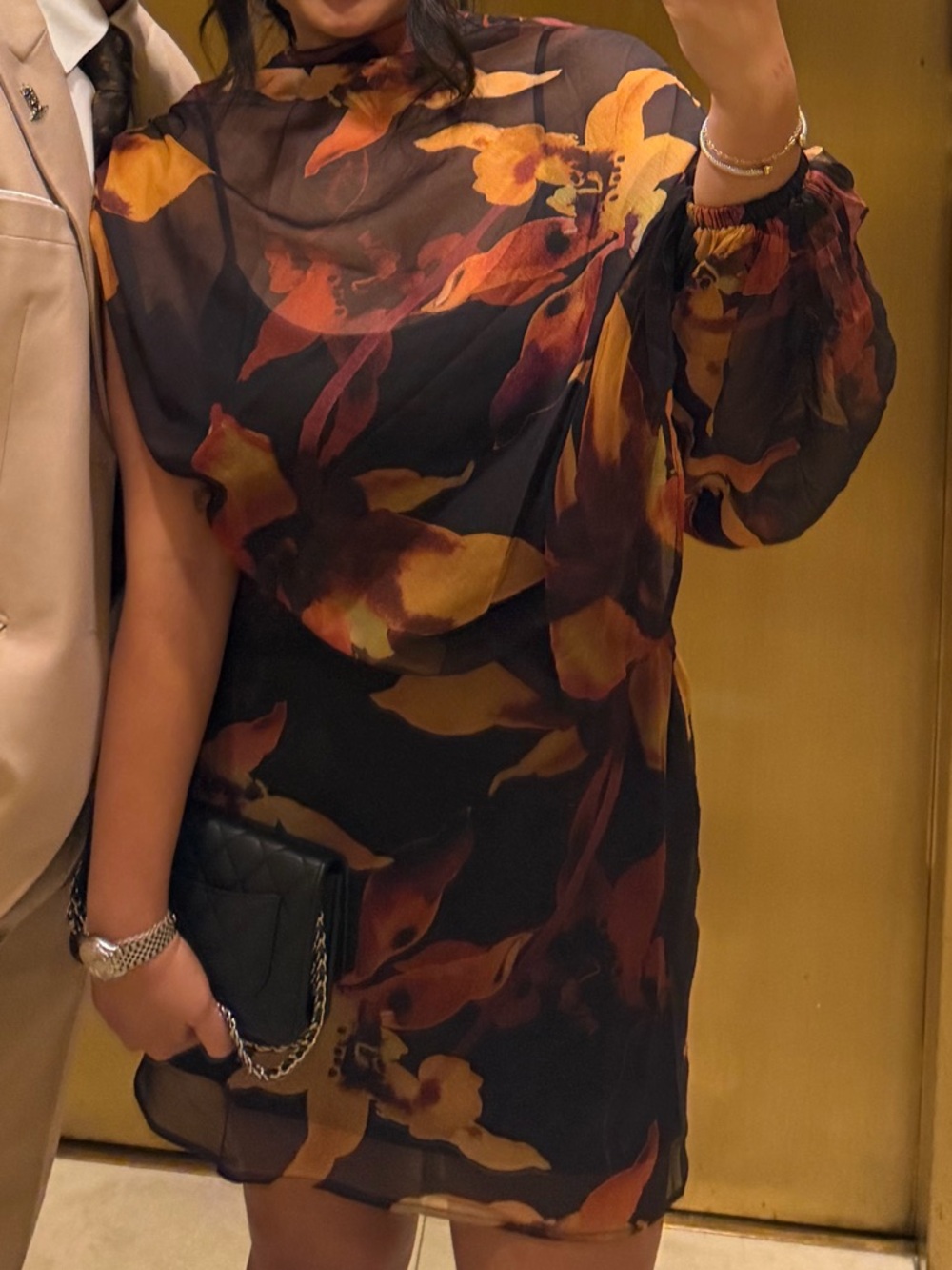 Abstract Floral Sheer Mini Dress in Black and Autumn Hues